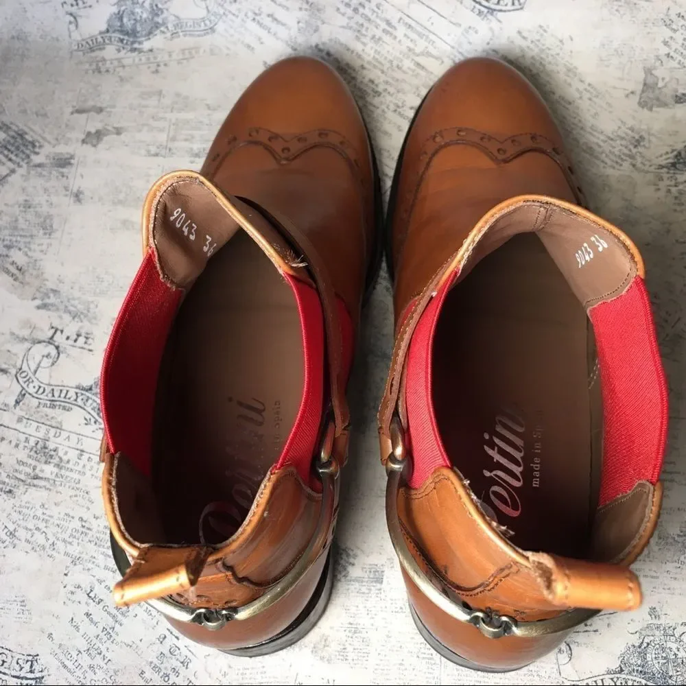 Pertini Spain Brown Leather Ankle Booties Red Elastic Chelsea Boots